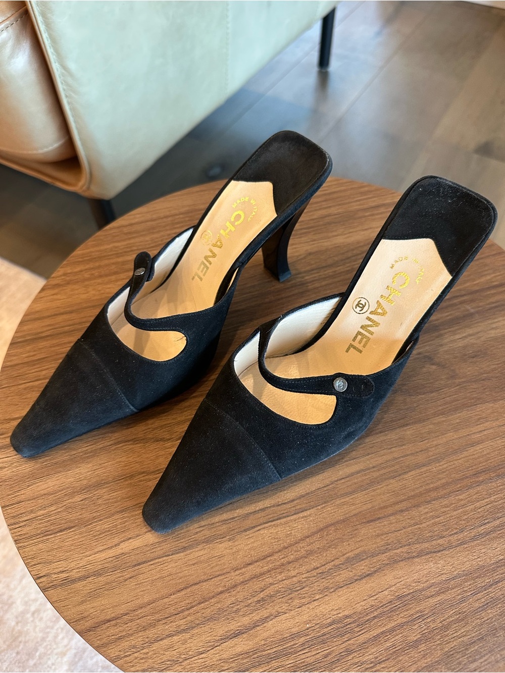 Chanel Black Suede Mary-Jane Pointed-Toe Mules - Picture 2 of 9